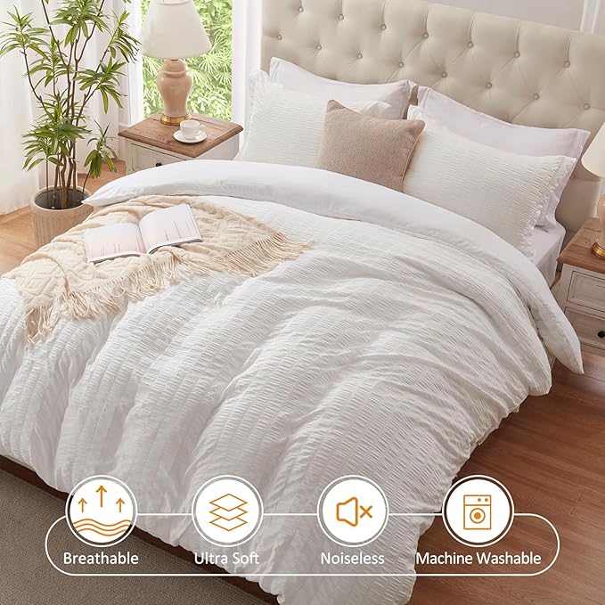 Cozyide White Twin Duvet Cover, 2 Pieces Bedding Duvet Covers, Soft Breathable Seersucker Duvet Cover Set with Zipper Closure and Corner Ties (1 Duvet Cover 68"x90" + 1 Pillow Sham 20"x26")