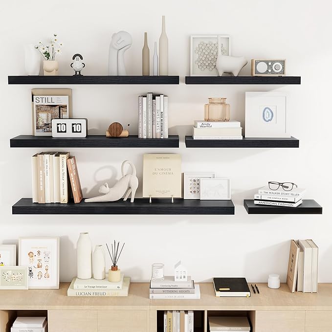 55 Inch Floating Shelves, 55"x9.25"x1.5" Inch Deep Floating Shelves for Wall, Wooden Shelves for Bathroom, Bedroom, Living Room, Black,1 Piece