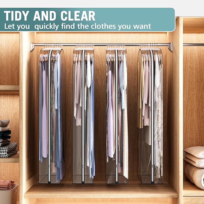 Clear Garment Bag for Hanging Clothes 10” Gusseted, 60” Suit Bags for Open Closet Storage Plastic Clothes Cover for Coat, Dress, Shirts, Fur, Jacket, Wardrobe Protectors, 4 Pack