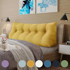 11 lbs Thickened Headboard Pillow Wedge Pillow Headboard Reading Pillow Bed for Comfortable Backrest Reading Triangular Pillow with Side Pocket for Sitting in Bed Cotton Linen Yellow Queen