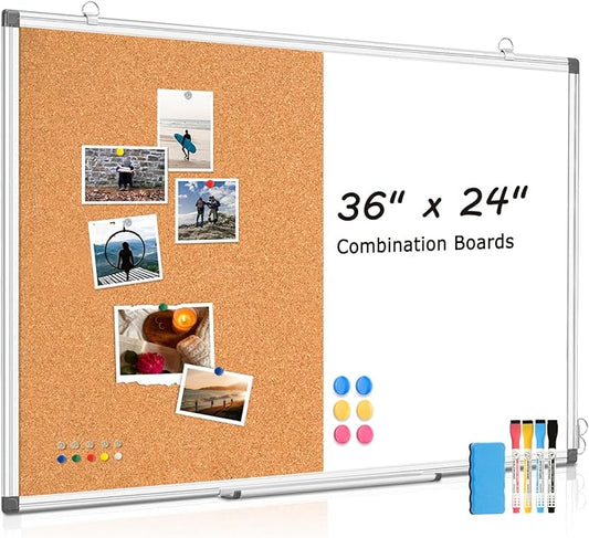 WALGLASS Combination Magnetic Whiteboard & Corkboard, 36"x24" Combo for School, Office & Home, Dry Erase Board with Removable Tray, Pins, Eraser, Markers & Magnets