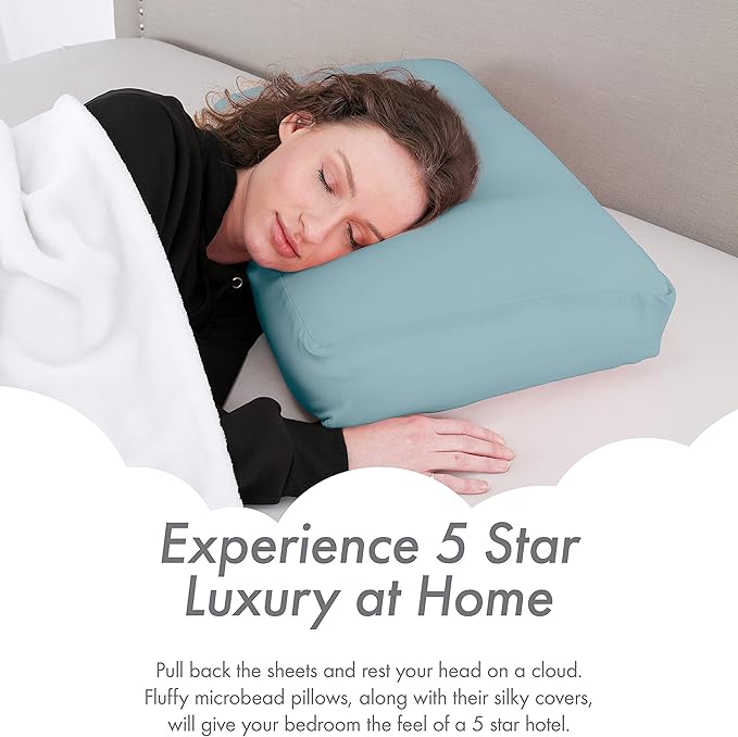 PILLOWY Premium Microbead Bed Pillow, Large Extra Fluffy But Supportive - Ultra Comfortable Sleep with Silk Like Anti Aging Cover 85% Spandex/ 15% Nylon Breathable, Cooling Sweet Baby Blue