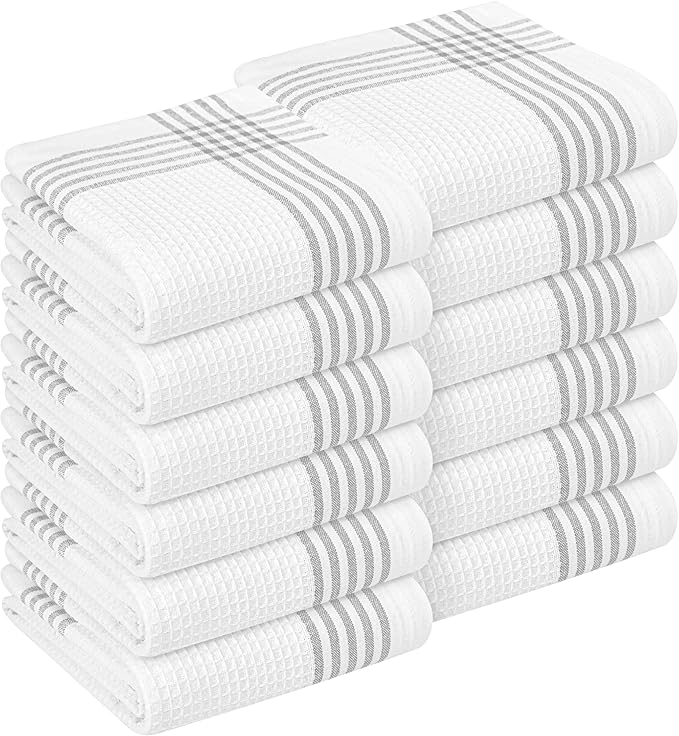 Grey and White Cotton Kitchen Towels 12 Pack, 16x26 Inch, Waffle Weave, Quick Dry, Absorbent, Durable Dish Towels for Drying, Cleaning, Cooking, Daily Kitchen Use