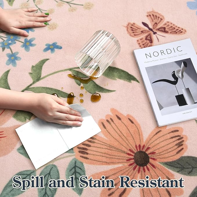 Lahome Floral Kitchen Runner, 2X6 Washable Runner Rug Non-Slip, Ultra-Thin Soft Hallway Rug Stain Resistant Boho Carpet for ‎Bedroom Laundry Bathroom, Light Pink