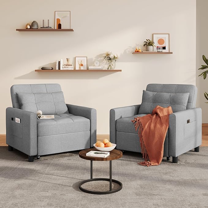 Ahomly Sleeper Sofa Chair Bed, Convertible Sofa Chair 3-in-1, Adjustable Sleeper Chair Pullout Sofa Bed with Modern Linen Fabric for Living Room Apartment Small Space, Grey