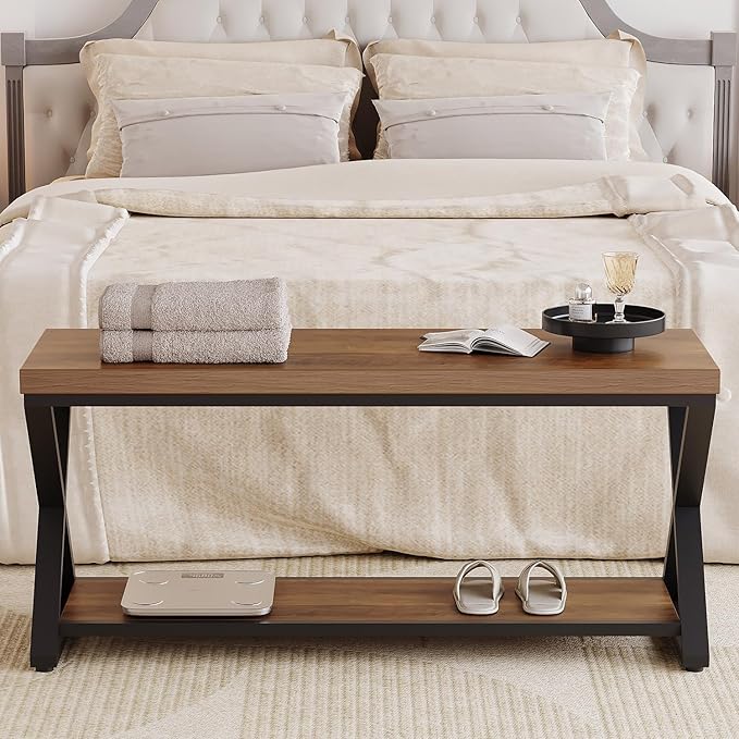 IBF Wood Bench Indoor, Industrial entryway Bench with Shoe Storage for Living Dining Room, Farmhouse Wooden Metal Entry Way Foyer Benches Seat for Bedroom Entryway, Rustic Oak, 39 Inch Long