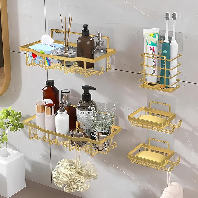 Fab Glass and Mirror 5-Pack Shower Caddy, Gold - Shower Organizer & Shelves for Efficient Storage, Bathroom Caddy for Wall Organizer, Durable Showers Wall Caddy