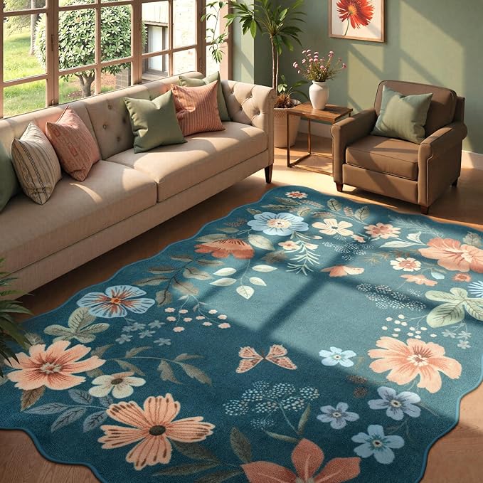 Lahome Floral Washable 6x9 Area Rugs, Soft Bedroom Rug for Living Room Ultra-Thin Non Slip Dining Room Rug, Stain Resistant Boho Blue Rugs Easy Clean Throw Carpet for Office(6'x9',Navy Blue)