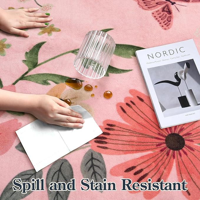 Lahome Floral Living Room Rugs, Pink Area Rugs 5x7 Rug for Bedroom Ultra-Thin Soft Rug, Non-Slip Washable Rugs Stain Resistant Throw Boho Rug for ‎‎Nursery Playroom Classroom (5x7ft, Pink)