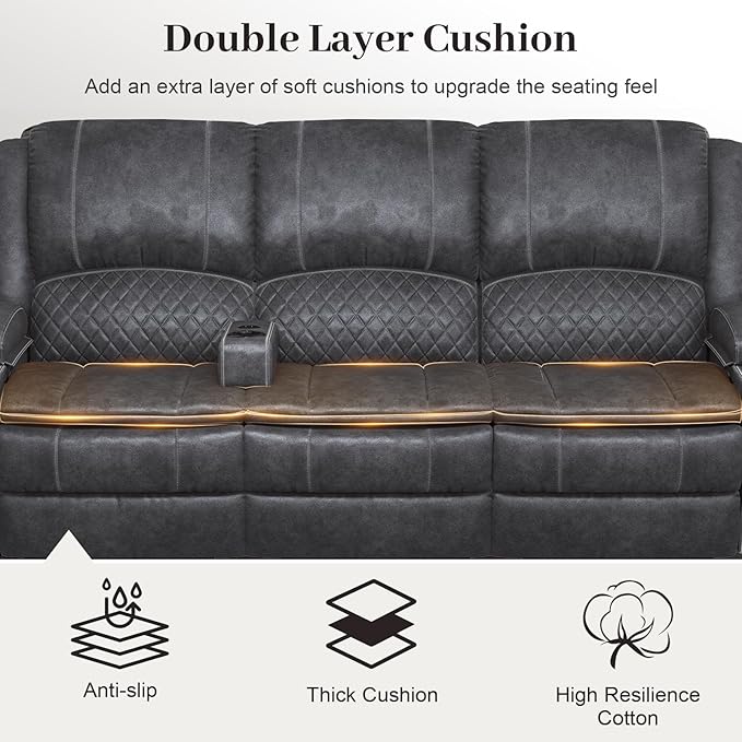 3 Seater Recliner Sofa Set with 2-Tier Cushion, 3+1+1 Pieces in Living Room, 3 Seater Reclining Couch Velvet Fabric with Removable Console, 2 Oversize Recliner Chair Sofa Seat - Grey