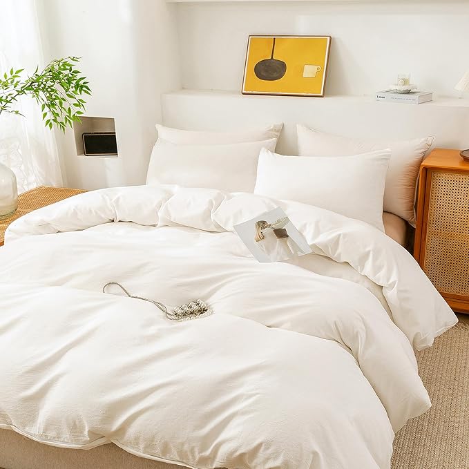 ECOCOTT White Duvet Cover King Size, 100% Washed Cotton 1 Duvet Cover with Zipper and 2 Pillowcases, Ultra Soft and Easy Care Breathable Bedding Set (White, King)