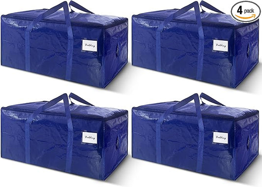 4 Pack Extra Heavy Duty Large Moving Bags with Strong Zipper & Carrying Handles, Sturdy Clothes Storage Bags Totes Bins, Packing Moving Boxes College Supplies, Dark Blue - 24 gal