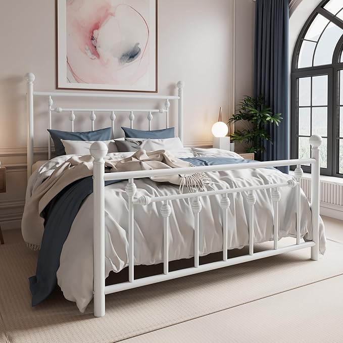 SHA CERLIN 14'' Full Size Metal Platform Bed Frame/Victorian Headboard and Footboard/Steel Slats Mattress Foundation for Storage/No Box Spring Needed/Noise Free/White