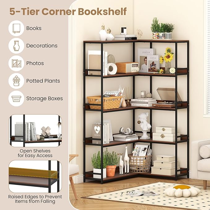 Giantex 5-Tier Corner Bookshelf, 71" L-Shaped Bookcase, Tall Etagere Bookshelf with Metal Frame, Industrial Open Display Shelf, Vertical Storage Rack for Living Room, Study, Office (Walnut)
