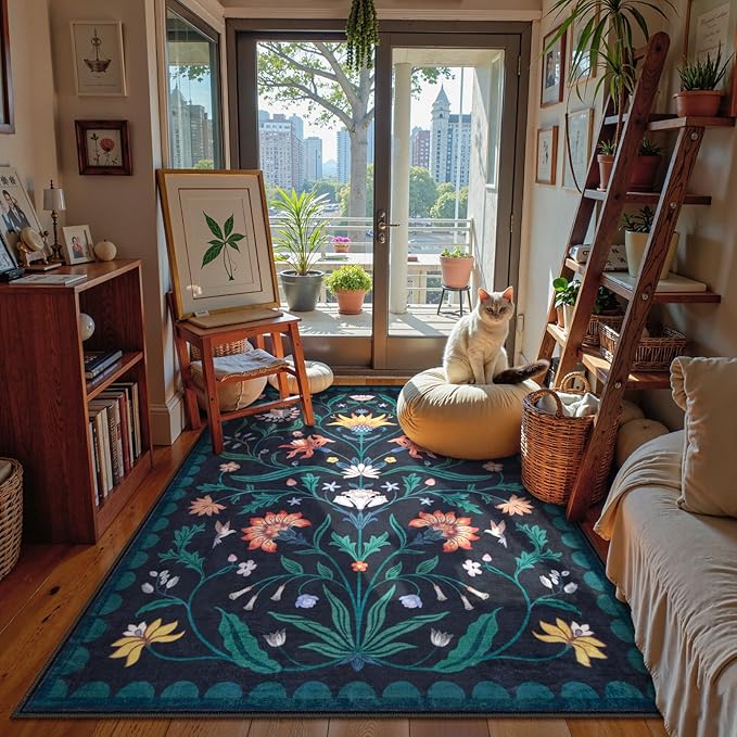 Lahome Boho Floral Washable Blue 5x7 Area Rugs for Living Room, Non Slip Rugs for Bedroom Entryway, Indoor Ultra-Thin Throw Dining Room Carpet for Under Table Kitchen Dorm(Dark Blue,5x7)