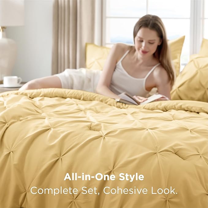 Bedsure King Size Comforter Set Yellow - Bed in a Bag Bedding Set 7 Pieces, GentleSoft™ Pintuck Bed Set Gift for Family, Pinch Pleat Yellow Comforter with Sheets, Pillowcases & Shams