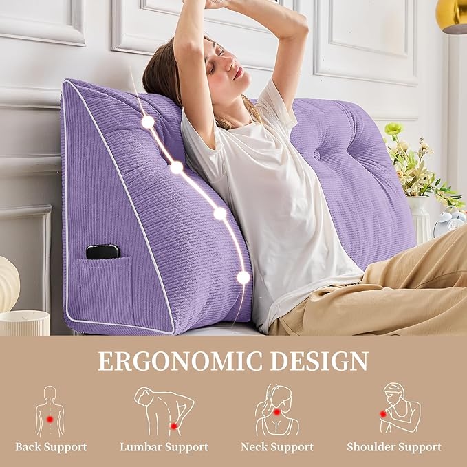 Sasttie Headboard Pillow Queen, Wedge Pillow Headboard for Sitting Up in Bed, Back-Rest Support Triangular Cushion for Reading - Features Removable Washable Cover, Purple