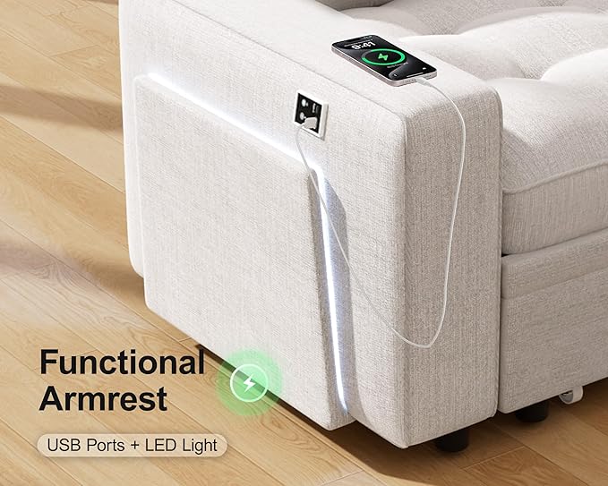 WEUP 8 Seat U Shaped Sectional Sleeper Sofa Bed with Pull Out Bed, Chenille Sectional Sleeper Couch with Adjustable Backrest, USB Ports, LED, Side Table, Tool-Free Assembly, Chenille Beige
