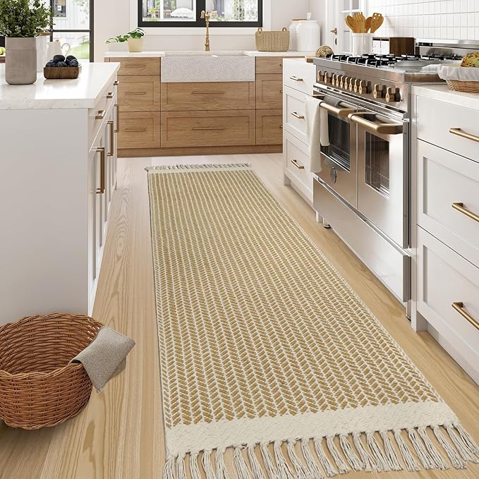 Lahome Boho Laundry Room Rug, 2x7 Runners for Hallways Lightweight Entry Woven Cotton Runner Rug with Tassels, Farmhouse Non Shedding Washable Rugs Low Pile Runner for Kitchen Bathroom, Khaki