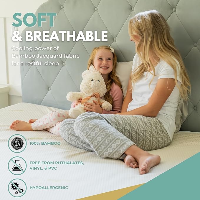 Twin XL Size 39x80” Premium Bamboo Waterproof Mattress Protector, 100% Viscose from Bamboo, Hypoallergenic, Cooling Mattress Pad Cover, Soft & Breathable Fitted Sheet Style up to 18" Deep - Rest Line