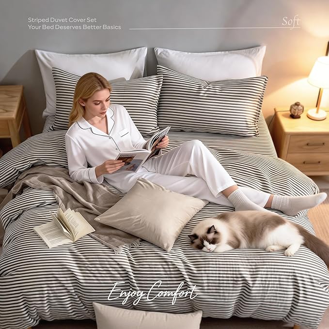 JELLYMONI Oversized King Duvet Cover Set, Cotton Duvet Cover 3 Pieces with Zipper Closure, 1 Duvet Cover and 2 Pillowcases(White with Gray Striped)