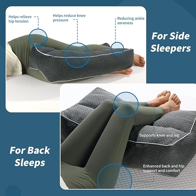 HOMBYS Shredded Memory Foam Knee Pillow for Side Sleepers, 6.5" Height Pillow Between Legs for Aligns Spine & Relieves Pressure Hip & Leg Elevation, Supportive Pillow for Pregnancy, Sciatica, Grey