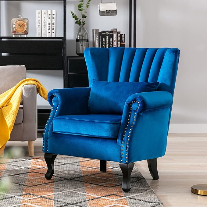 Accent Chairs Set of 2 with Arm Comfy Living Room Chair Mid-Century Modern Wingback Side Chair Velvet Single Sofa Couch for Bedroom Guest Room, Blue