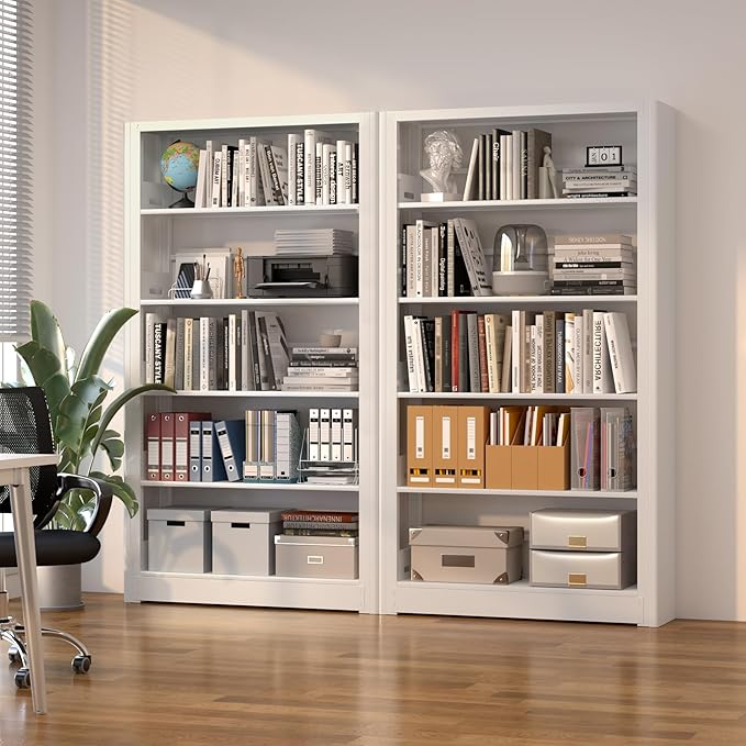 5-Tier Bookshelf, White Bookshelf with Adjustable Storage Shelves, Metal Bookshelf, 69" Tall Bookcase for Living Room, Library, Office, Bedroom, Including Book Stopper，36" Wide Bookshelves