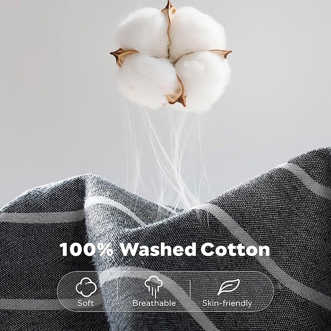 JELLYMONI Cotton Duvet Cover Twin Size - Gray Pinstriped Comforter Cover with Button 100% Washed Cotton 2PCS Breathable Soft Solid Bedding Set Duvet Cover 68×90in & 1 Pillowcase (NO Comforter)