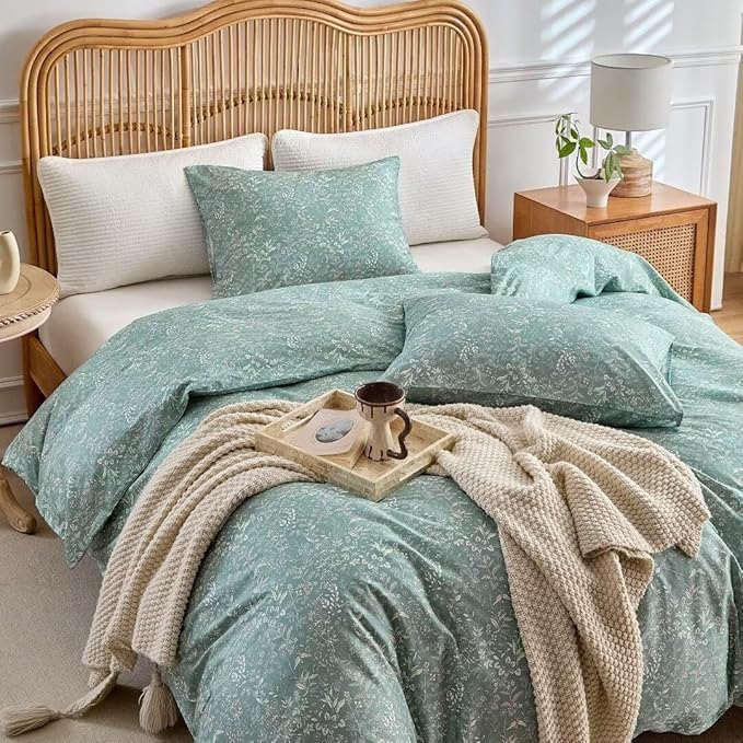 MKXI Vintage Style Comforter Set King Size Wildflower Comforter Set Floral Bedding Set Green Floral Duvet Comforter Microfiber Bed Set Soft Reversible Design Farmhouse Comforter