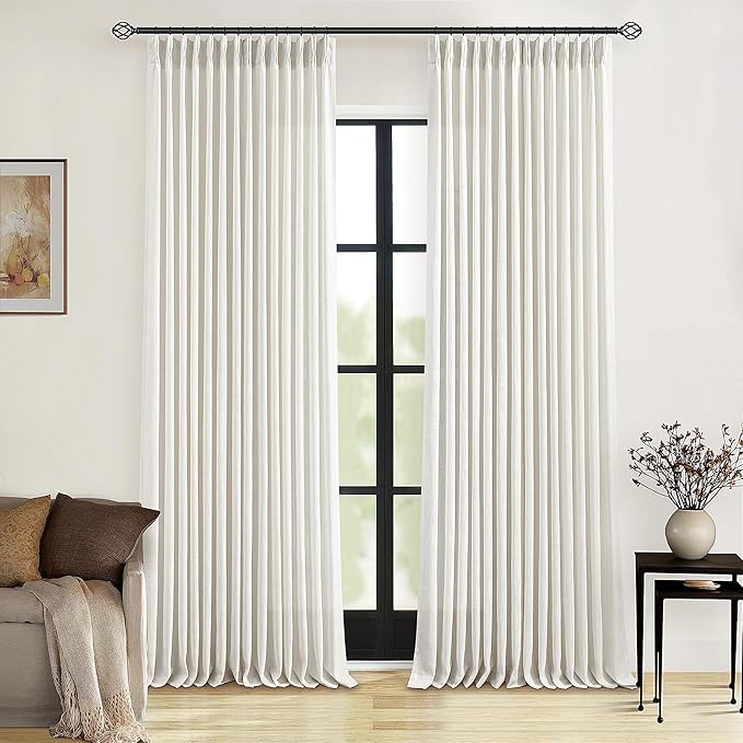 Natural Pinch Pleated Linen Curtains 126 Inches Long 2 Panels for Living Room Bedroom Memory Training Shaped Semi Sheer Pleat Drapes Hooks Rings Light Filtering Window Curtain 40x126