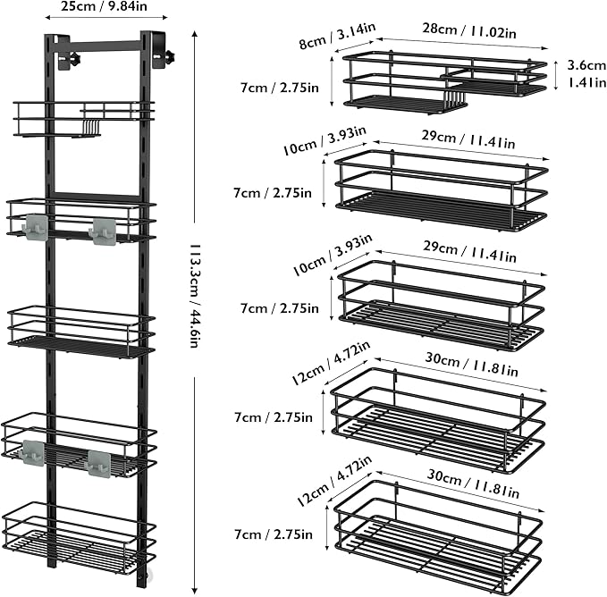 Orimade Over the Door Shower Caddy Adjustable 5 Tier Black,Bathroom Hanging Organizer Shelf Rustproof with 4 Hooks,Shower Basket with Soap Holder and Suction Cup