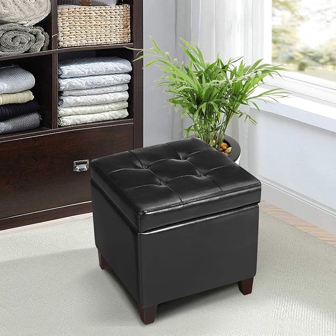 Black PU Leather Square Storage Ottoman Lift Top Footstool with Wood Legs, 18"x18"x18"