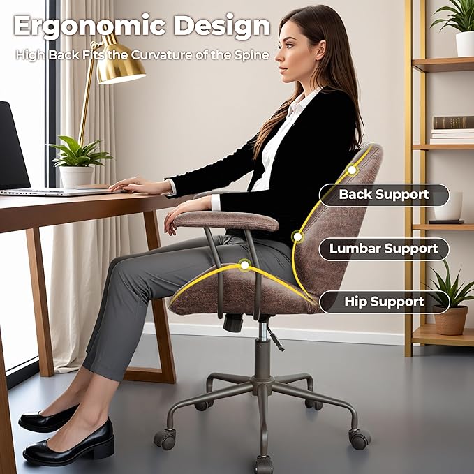 ovios Ergonomic Office Chair, Mid Back Faux Leather Executive Chairs with Armrests, Comfy Mid-Century Modern Swivel Rolling Computer Armchair (Dark Brown, Suede Leather)