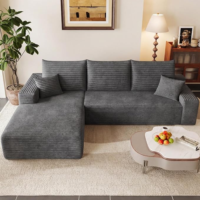 95" Modular Sectional Couch, Boneless L Shaped Cloud Sofa with Chaise Lounge, Corduroy Upholstered Couches Memory Foam Deep Seat, No Assembly Required, Ideal for Living Room(Dark Gray, Left Facing)