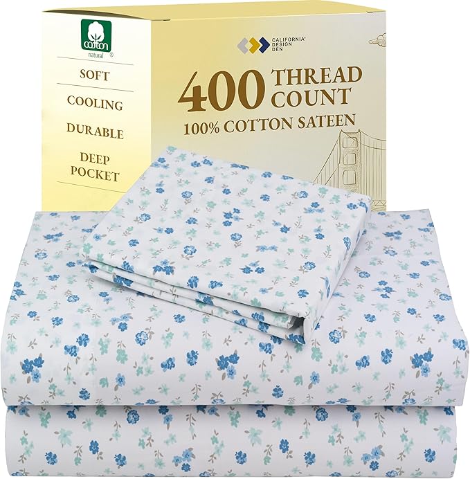 California Design Den Printed Twin XL Sheet Sets - 400 Thread Count Sateen, Natural 100% Cotton Sheets, Deep Pockets, and Durable Bedding Set - Blooming Meadows