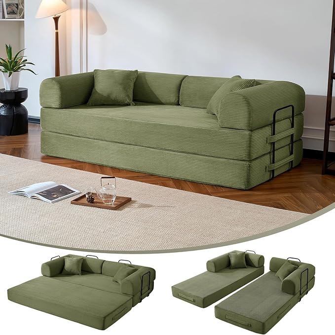 Compressed Sofa, Convertible Sofa Bed, Corduroy Compression Boneless Couch with Pillow, Comfy Modular Foldable Floor Sleeper Sofa for Bedroom, Living Room, Lounge, Studio (Green)