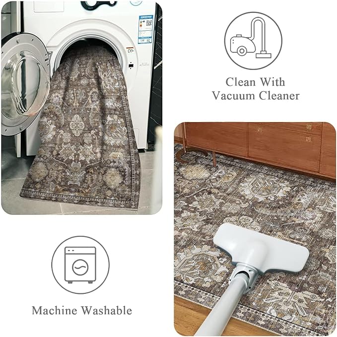 RUGSURE Washable Area Rugs - Perfect for Living Room, Bedroom, Kids Room, Nursery - Stain & Water Resistant Non-Slip, Pet & Child Friendly, Vintage Tribal Area Rugs (Ivory, 8' x 10')