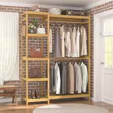 Homykic Bamboo Clothes Rack Garment Rack for Hanging Clothes, Heavy Duty Clothing Rack with 7 Tiers Adjustable Shelves, Double Rods, 4 Hooks, Freestanding Closet System Organizer Wardrobe, Natural