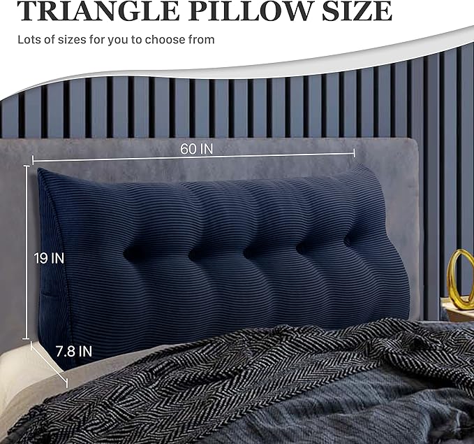 11 lbs Thickened Wedge Pillow Headboard Body Positioner Triangular Reading Pillow Bed Bolster Pillow for Sitting in Bedwith Removable Cover Gift for Mom Backrest Cordury Blue Queen