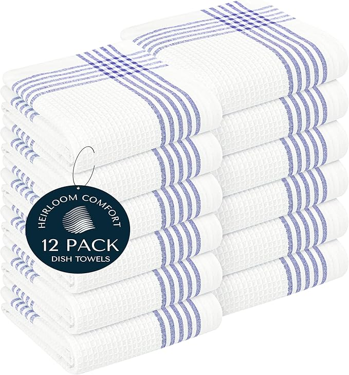 Indigo Blue and White Waffle Kitchen Towels 12 Pack, 16x26 Inch, 100% Cotton, Absorbent & Quick Dry Dish Towels, Soft & Durable Cloths for Cooking, Drying, Cleaning, Machine Washable
