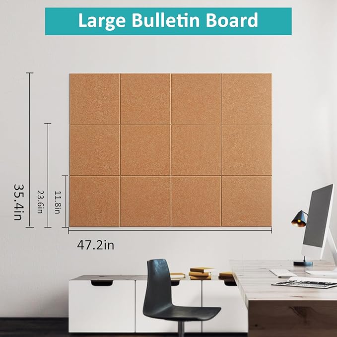 Large Bulletin Board 48" x 36" - 12 Pack Felt Wall Tiles with 60 Pcs Safe Removable Adhesive Tabs & 40 Pcs Pushpins, Cork Board for Office, School & Dart Wall Protector - Warm Beige