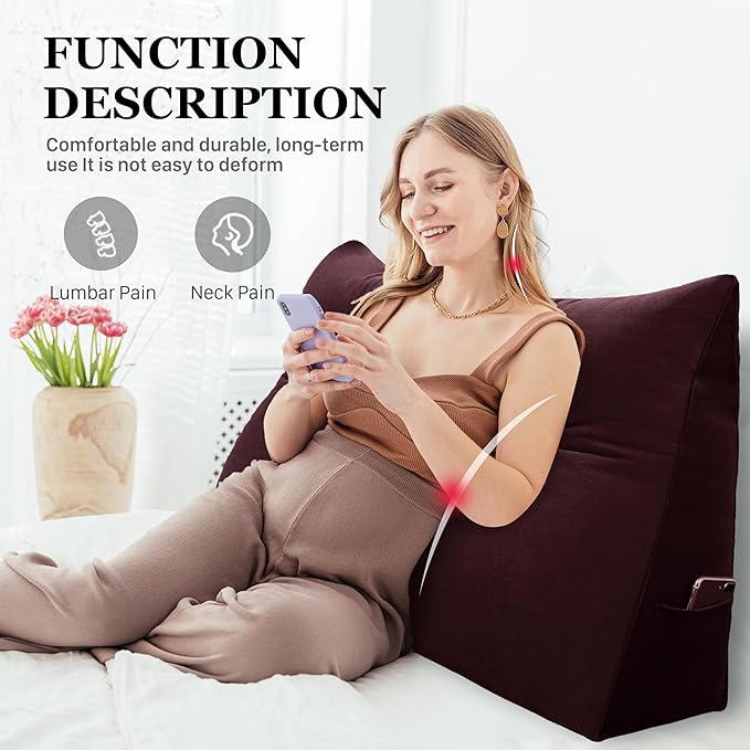 11 lbs Thickened Queen Headboard Pillow for Sitting Up in Bed, Back Support Reading Pillow with Side Pocket and Velvet Removable Cover, Triangular Large Wedge Headboard Pillow