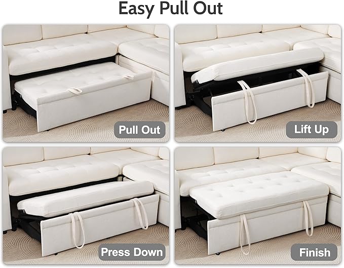 WEUP 5 Seat L Shaped Sectional Sleeper Sofa Bed with Pull Out Bed, Chenille Sectional Sleeper Couch with Adjustable Backrest, USB Ports & Storage Seat, Tool-Free Assembly, Chenille Beige