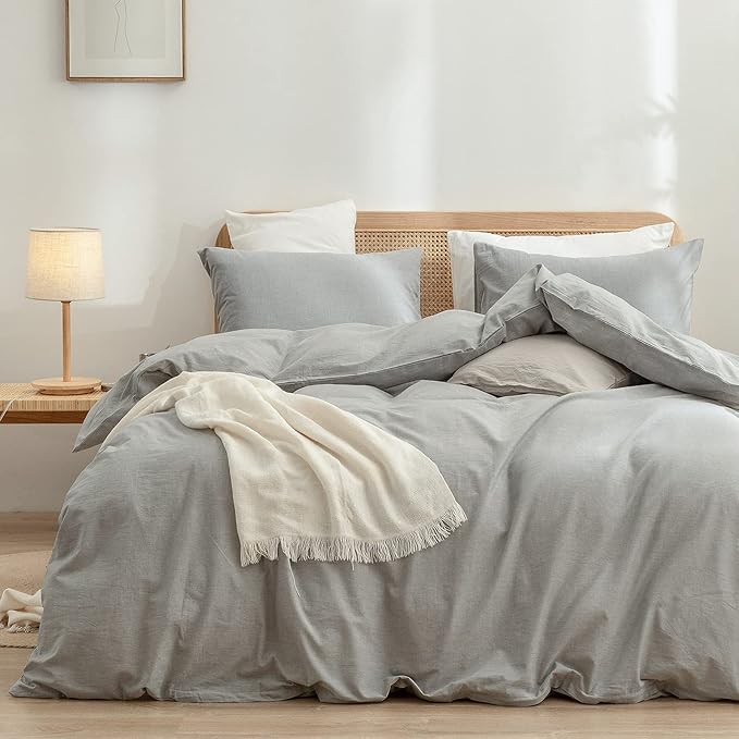 BESTOUCH Duvet Cover Set 100% Washed Cotton Linen Feel Super Soft Comfortable Chic Lightweight 2 PCs Home Bedding Set Solid Light Grey Twin/Twin XL