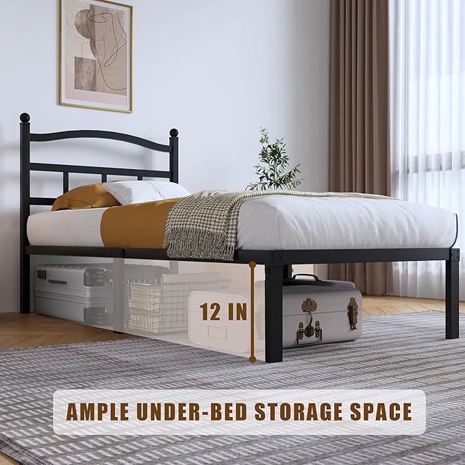 14 Inch Metal Bed Frame - Twin Size Heavy Duty Bedframe with Headboard Black Basic Steel Slats Platform No Box Spring Needed/Easy Assembly/Noise Free