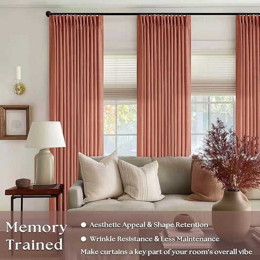Terracotta 90 Inch Linen Curtains Pinch Pleated for Living Room Bedroom Dining Boho Light Filtering Pinch Pleat Drapes Hooks Rings Back Tab Semi Sheer Red Clay Autumn Fall Window Curtains 2 Panels