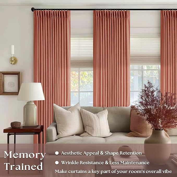 80 Inch Pinch Pleated Linen Curtains 2 Panels for Living Room Bedroom Boho Farmhouse Terracotta Semi Sheer Back Tab Pinch Pleat Hooks Rings Red Clay Window Curtain Burnt Orange Autumn Fall Decor