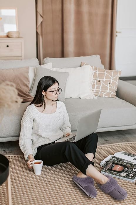 KuaiLu Womens Fluff Dual Memory Foam Slippers Ladies Cozy Arch Support Warm Scuff Slippers Slip on Comfy Winter House Shoes with Non-Slip Indoor Outdoor Hard Sole