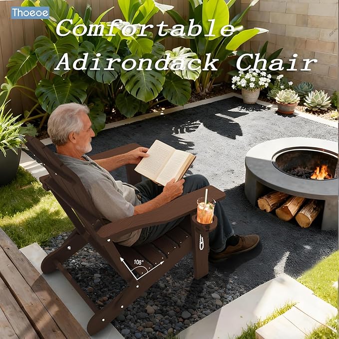 Adirondack Chair Set of 2, Folding All-Weather Outdoor HDPE Patio Chair with Cup Holder, Brown